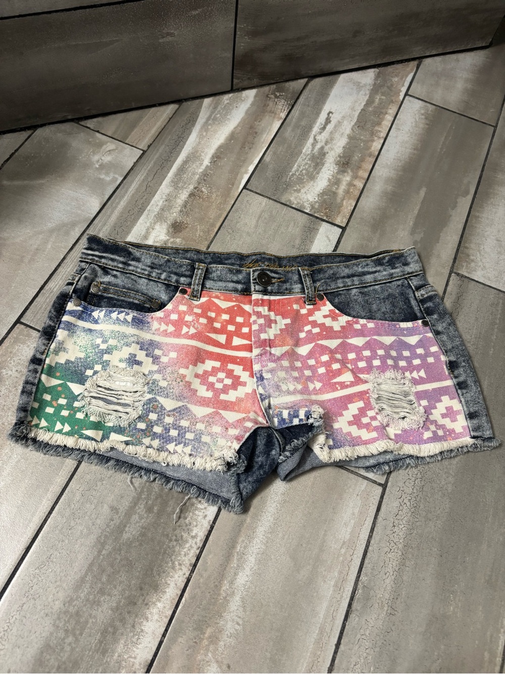 The Classic Multicolor Tribal Print Distressed hem Shorts